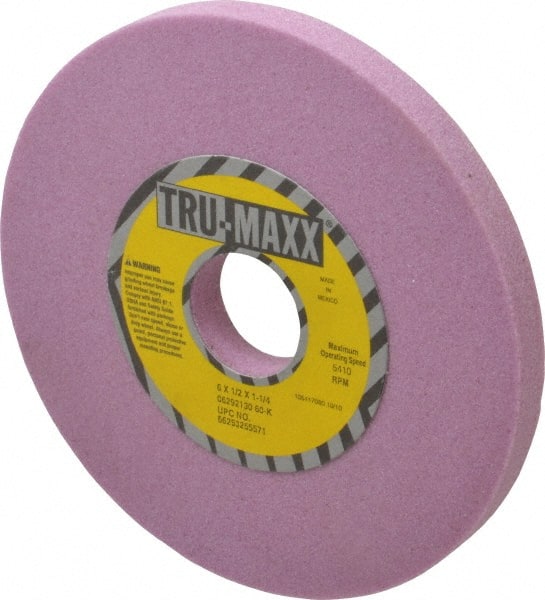 Tru-Maxx - 6" Diam x 1-1/4" Hole x 1/2" Thick, K Hardness, 60 Grit Surface Grinding Wheel - Aluminum Oxide, Type 1, Medium Grade, 5,410 Max RPM, Vitrified Bond, No Recess - Exact Tooling