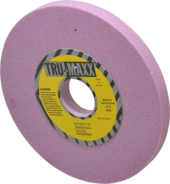 Tru-Maxx - 6" Diam x 1-1/4" Hole x 1/2" Thick, J Hardness, 60 Grit Surface Grinding Wheel - Aluminum Oxide, Type 1, Medium Grade, 5,410 Max RPM, Vitrified Bond, No Recess - Exact Tooling