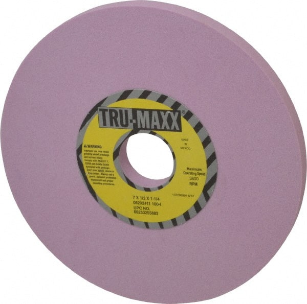 Tru-Maxx - 7" Diam x 1-1/4" Hole x 1/2" Thick, I Hardness, 100 Grit Surface Grinding Wheel - Aluminum Oxide, Type 1, Fine Grade, 3,600 Max RPM, Vitrified Bond, No Recess - Exact Tooling