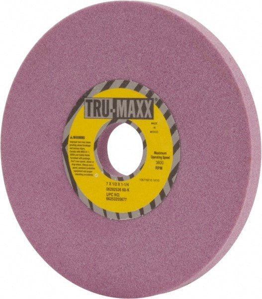 Tru-Maxx - 7" Diam x 1-1/4" Hole x 1/2" Thick, K Hardness, 60 Grit Surface Grinding Wheel - Aluminum Oxide, Type 1, Medium Grade, 3,600 Max RPM, Vitrified Bond, No Recess - Exact Tooling