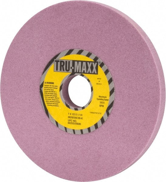 Tru-Maxx - 7" Diam x 1-1/4" Hole x 1/2" Thick, K Hardness, 80 Grit Surface Grinding Wheel - Aluminum Oxide, Type 1, Medium Grade, 3,600 Max RPM, Vitrified Bond, No Recess - Exact Tooling