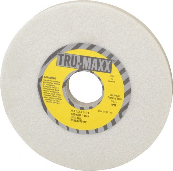 Tru-Maxx - 6" Diam x 1-1/4" Hole x 1/2" Thick, K Hardness, 46 Grit Surface Grinding Wheel - Aluminum Oxide, Type 1, Coarse Grade, 5,410 Max RPM, Vitrified Bond, No Recess - Exact Tooling