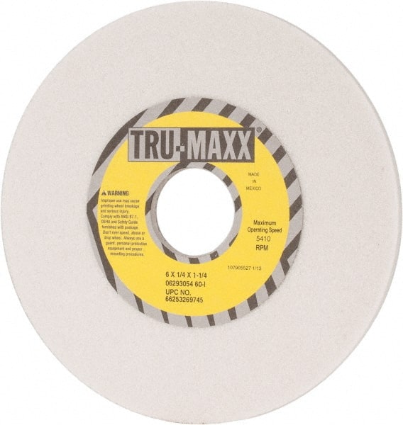 Tru-Maxx - 6" Diam x 1-1/4" Hole x 1/4" Thick, I Hardness, 60 Grit Surface Grinding Wheel - Aluminum Oxide, Type 1, Medium Grade, 5,410 Max RPM, Vitrified Bond, No Recess - Exact Tooling