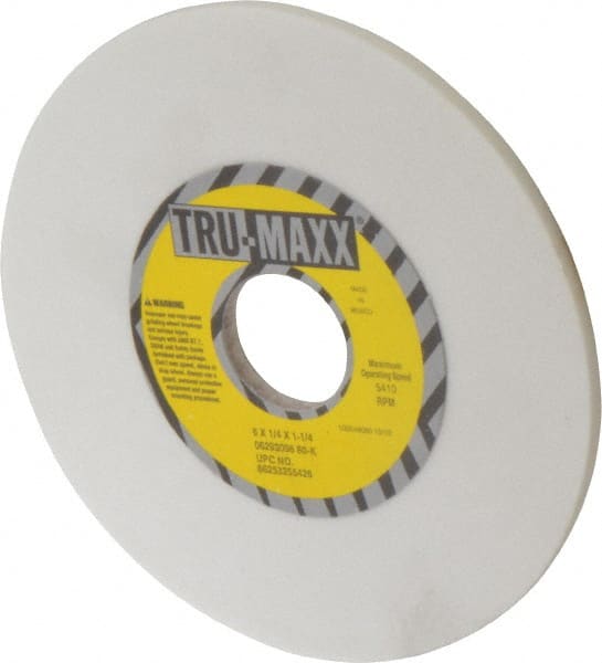 Tru-Maxx - 6" Diam x 1-1/4" Hole x 1/4" Thick, K Hardness, 80 Grit Surface Grinding Wheel - Aluminum Oxide, Type 1, Medium Grade, 5,410 Max RPM, Vitrified Bond, No Recess - Exact Tooling