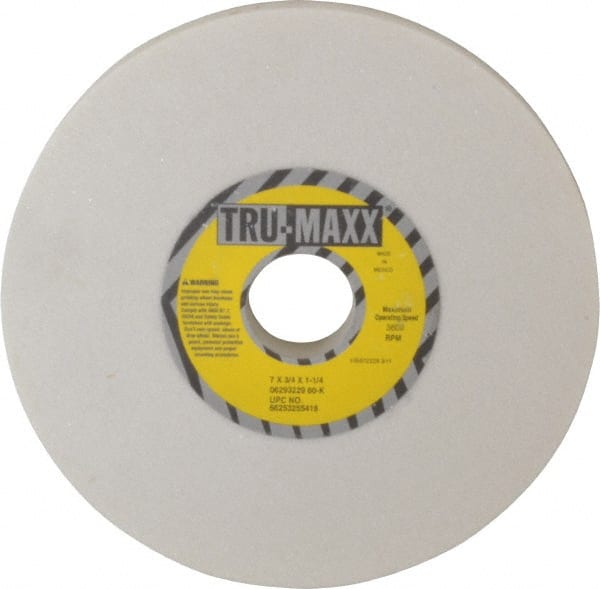Tru-Maxx - 7" Diam x 1-1/4" Hole x 3/4" Thick, K Hardness, 60 Grit Surface Grinding Wheel - Aluminum Oxide, Type 1, Medium Grade, 3,600 Max RPM, Vitrified Bond, No Recess - Exact Tooling