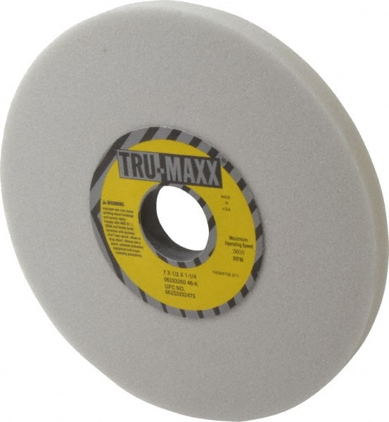 Tru-Maxx - 7" Diam x 1-1/4" Hole x 1/2" Thick, K Hardness, 46 Grit Surface Grinding Wheel - Aluminum Oxide, Type 1, Coarse Grade, 3,600 Max RPM, Vitrified Bond, No Recess - Exact Tooling