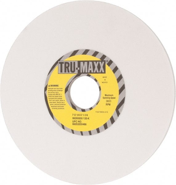 Tru-Maxx - 7" Diam x 1-1/4" Hole x 1/4" Thick, K Hardness, 120 Grit Surface Grinding Wheel - Aluminum Oxide, Type 1, Fine Grade, 3,600 Max RPM, Vitrified Bond, No Recess - Exact Tooling