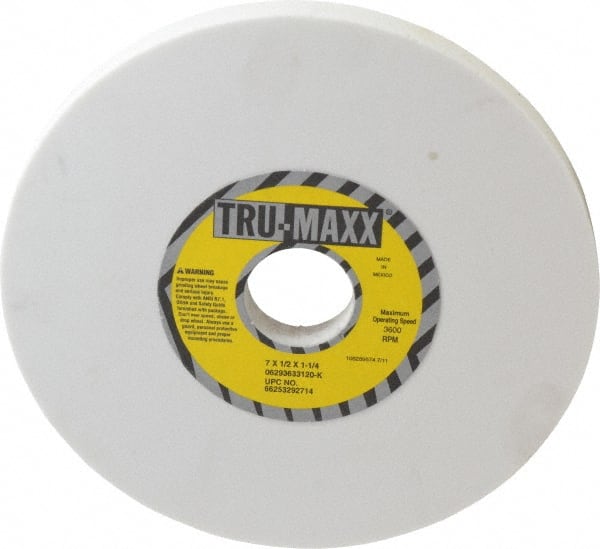 Tru-Maxx - 7" Diam x 1-1/4" Hole x 1/2" Thick, K Hardness, 120 Grit Surface Grinding Wheel - Aluminum Oxide, Type 1, Fine Grade, 3,600 Max RPM, Vitrified Bond, No Recess - Exact Tooling