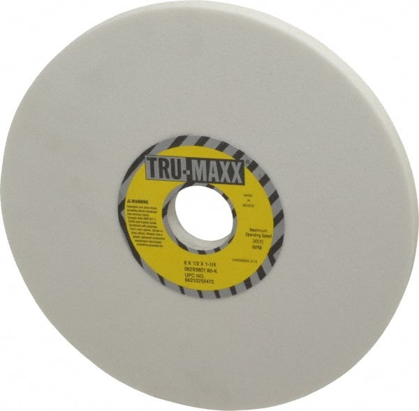 Tru-Maxx - 8" Diam x 1-1/4" Hole x 1/2" Thick, K Hardness, 80 Grit Surface Grinding Wheel - Aluminum Oxide, Type 1, Medium Grade, 3,600 Max RPM, Vitrified Bond, No Recess - Exact Tooling