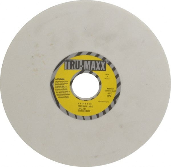 Tru-Maxx - 8" Diam x 1-1/4" Hole x 1/4" Thick, K Hardness, 120 Grit Surface Grinding Wheel - Aluminum Oxide, Type 1, Fine Grade, 3,600 Max RPM, Vitrified Bond, No Recess - Exact Tooling