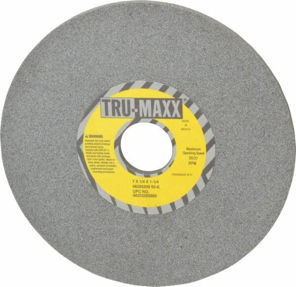 Tru-Maxx - 7" Diam x 1-1/4" Hole x 1/4" Thick, K Hardness, 60 Grit Surface Grinding Wheel - Aluminum Oxide, Type 1, Medium Grade, 3,600 Max RPM, Vitrified Bond, No Recess - Exact Tooling
