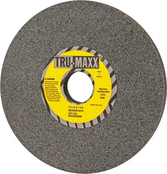 Tru-Maxx - 7" Diam x 1-1/4" Hole x 1/2" Thick, K Hardness, 60 Grit Surface Grinding Wheel - Aluminum Oxide, Type 1, Medium Grade, 3,600 Max RPM, Vitrified Bond, No Recess - Exact Tooling