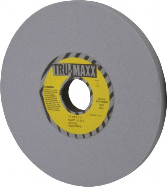 Tru-Maxx - 7" Diam x 1-1/4" Hole x 1/2" Thick, L Hardness, 120 Grit Surface Grinding Wheel - Aluminum Oxide, Type 1, Fine Grade, 3,600 Max RPM, Vitrified Bond, No Recess - Exact Tooling