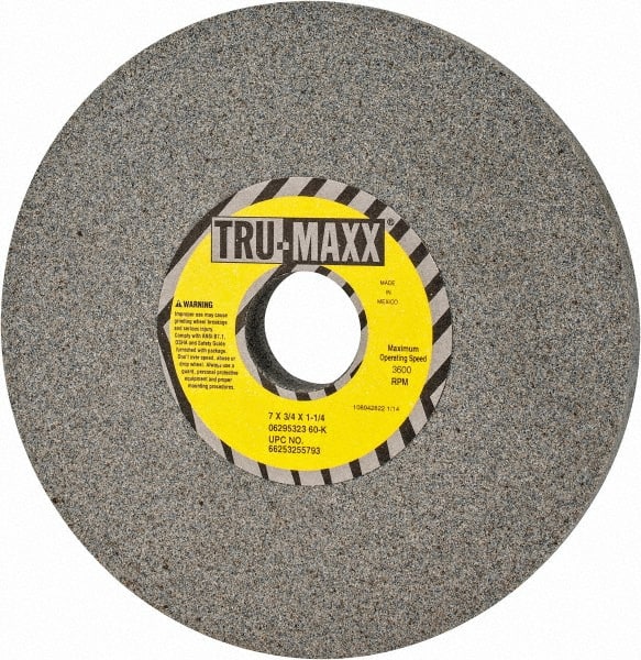 Tru-Maxx - 7" Diam x 1-1/4" Hole x 3/4" Thick, K Hardness, 60 Grit Surface Grinding Wheel - Aluminum Oxide, Type 1, Medium Grade, 3,600 Max RPM, Vitrified Bond, No Recess - Exact Tooling