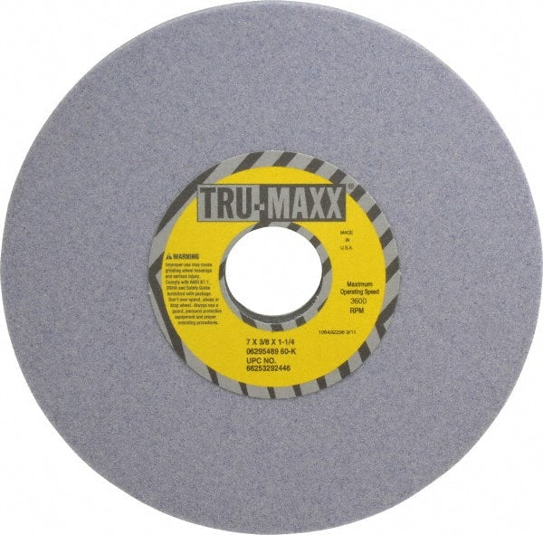 Tru-Maxx - 7" Diam x 1-1/4" Hole x 3/8" Thick, K Hardness, 60 Grit Surface Grinding Wheel - Aluminum Oxide, Type 1, Medium Grade, 3,600 Max RPM, Vitrified Bond, No Recess - Exact Tooling