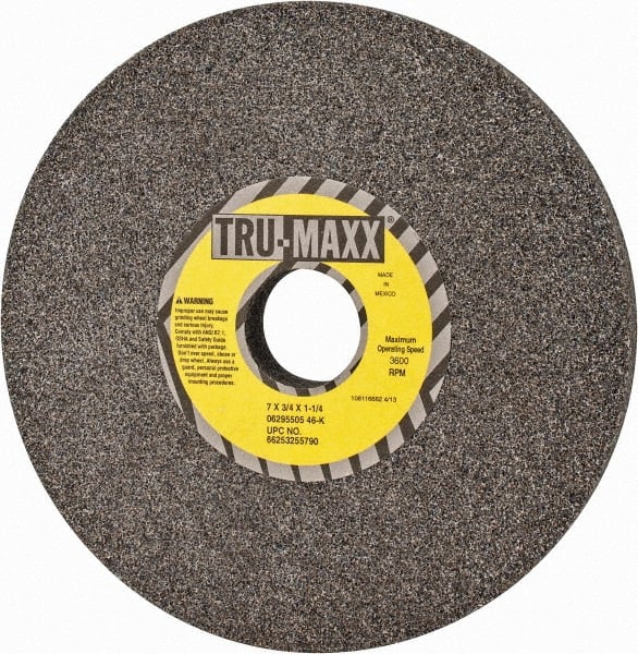 Tru-Maxx - 7" Diam x 1-1/4" Hole x 3/4" Thick, K Hardness, 46 Grit Surface Grinding Wheel - Aluminum Oxide, Type 1, Coarse Grade, 3,600 Max RPM, Vitrified Bond, No Recess - Exact Tooling