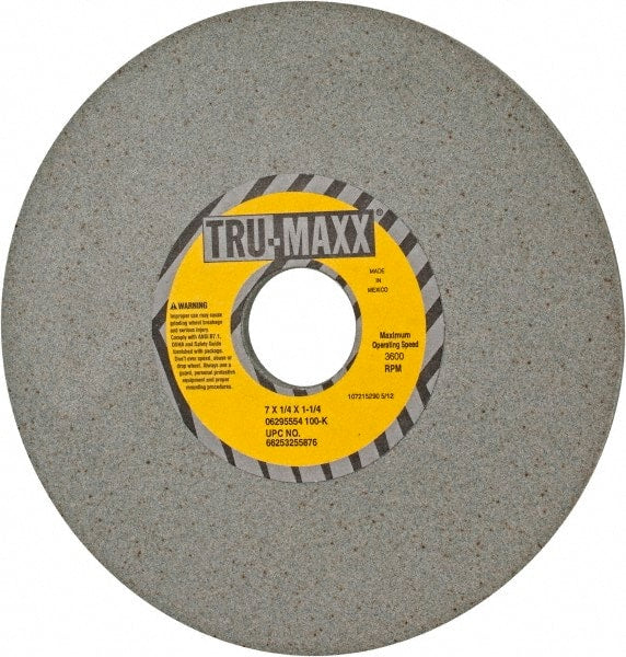 Tru-Maxx - 7" Diam x 1-1/4" Hole x 1/4" Thick, K Hardness, 100 Grit Surface Grinding Wheel - Aluminum Oxide, Type 1, Fine Grade, 3,600 Max RPM, Vitrified Bond, No Recess - Exact Tooling