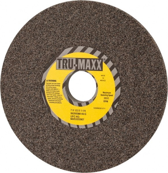 Tru-Maxx - 7" Diam x 1-1/4" Hole x 1/2" Thick, G Hardness, 46 Grit Surface Grinding Wheel - Aluminum Oxide, Type 1, Coarse Grade, 3,600 Max RPM, Vitrified Bond, No Recess - Exact Tooling