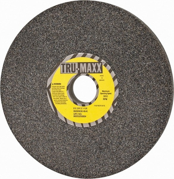 Tru-Maxx - 8" Diam x 1-1/4" Hole x 3/4" Thick, K Hardness, 46 Grit Surface Grinding Wheel - Aluminum Oxide, Type 1, Coarse Grade, 3,600 Max RPM, Vitrified Bond, No Recess - Exact Tooling