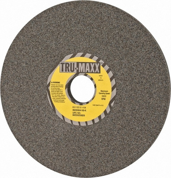 Tru-Maxx - 8" Diam x 1-1/4" Hole x 1/2" Thick, K Hardness, 60 Grit Surface Grinding Wheel - Aluminum Oxide, Type 1, Medium Grade, 3,600 Max RPM, Vitrified Bond, No Recess - Exact Tooling