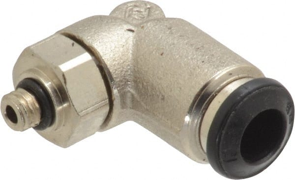 Alpha Technologies - 6mm Outside Diam, M5 Metric, Nickel Plated Brass Push-to-Connect Tube Male Swivel Elbow - 250 Max psi, Tube to Metric Thread Connection, Buna O-Ring - Exact Tooling