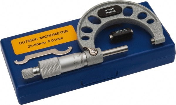 Value Collection - 25 to 50mm Range, 0.01mm Graduation, Mechanical Outside Micrometer - Ratchet Stop Thimble, Accurate to 0.004mm - Exact Tooling