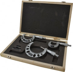 Value Collection - 0 to 75mm Range, 3 Piece Mechanical Outside Micrometer Set - 0.01mm Graduation, 0.005mm Accuracy, Ratchet Stop Thimble, Steel Face - Exact Tooling