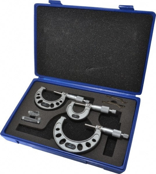 Value Collection - 0 to 3" Range, 3 Piece Mechanical Outside Micrometer Set - 0.0001" Graduation, 0.0001" Accuracy, Ratchet Stop Thimble, Steel Face - Exact Tooling