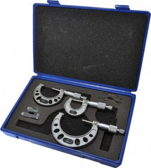Value Collection - 0 to 3" Range, 3 Piece Mechanical Outside Micrometer Set - 0.0001" Graduation, 0.0001" Accuracy, Ratchet Stop Thimble, Steel Face - Exact Tooling