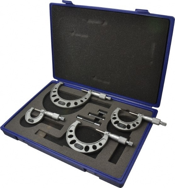 Value Collection - 0 to 100mm Range, 4 Piece Mechanical Outside Micrometer Set - 0.01mm Graduation, 0.005mm Accuracy, Ratchet Stop Thimble, Steel Face - Exact Tooling