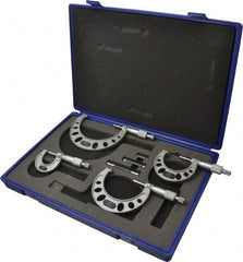 Value Collection - 0 to 100mm Range, 4 Piece Mechanical Outside Micrometer Set - 0.01mm Graduation, 0.005mm Accuracy, Ratchet Stop Thimble, Steel Face - Exact Tooling
