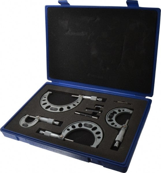 Value Collection - 0 to 4" Range, 4 Piece Mechanical Outside Micrometer Set - 0.0001" Graduation, 0.0001" Accuracy, Ratchet Stop Thimble, Steel Face - Exact Tooling