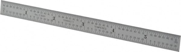 Starrett - 6" Long, 1/64, 1/32, 1/16, 1/8" Graduation, Flexible Steel Rule - 4R Graduation Style, 1/2" Wide, Silver, Satin Chrome Finish - Exact Tooling