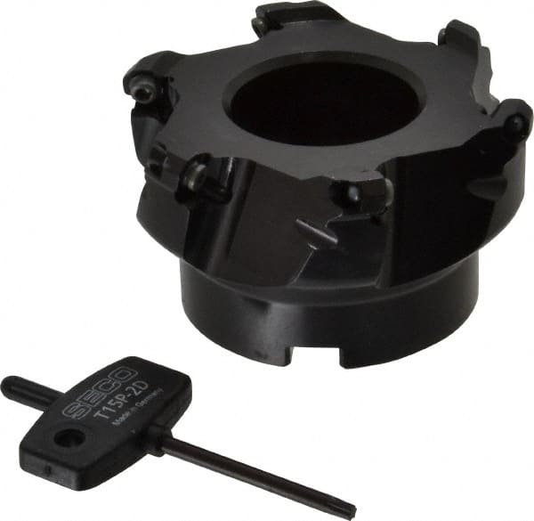 Seco - 3.15" Cut Diam, 1" Arbor Hole, 0.138" Max Depth of Cut, 43° Indexable Chamfer & Angle Face Mill - 6 Inserts, OF.. 05T305 Insert, Right Hand Cut, 6 Flutes, Series R220.43 - Exact Tooling