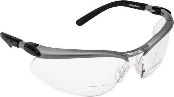 3M - +2, Clear Lenses, Scratch Resistant, Framed Magnifying Safety Glasses - UV Protection, Adjustable Temples, Silver/Black Plastic Frame, ANSI Z87.1-2010 - Exact Tooling