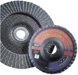Norton - 80 Grit, 7" Disc Diam, 5/8-11 Center Hole, Type 29 Ceramic Flap Disc - 8,600 Max RPM, Fiberglass Backing, Arbor Attaching System, Coated - Exact Tooling