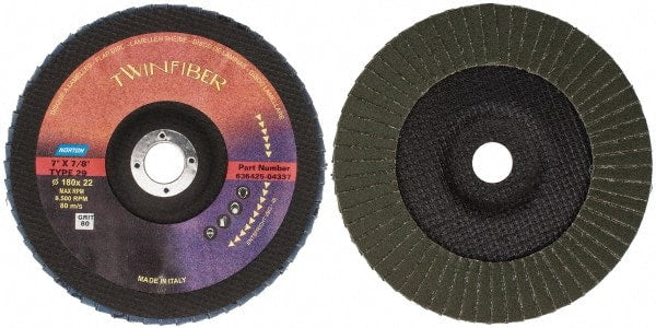 Norton - 80 Grit, 7" Disc Diam, 7/8" Center Hole, Type 29 Ceramic Flap Disc - 8,600 Max RPM, Fiberglass Backing, Arbor Attaching System, Coated - Exact Tooling
