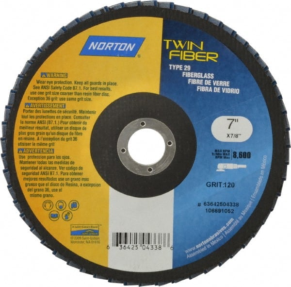 Norton - 120 Grit, 7" Disc Diam, 7/8" Center Hole, Type 29 Ceramic Flap Disc - 8,600 Max RPM, Fiberglass Backing, Arbor Attaching System, Coated - Exact Tooling