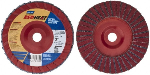 Norton - 36 Grit, 7" Disc Diam, 7/8" Center Hole, Type 27 Ceramic Flap Disc - 8,600 Max RPM, Plastic Backing, Arbor Attaching System, Coated - Exact Tooling