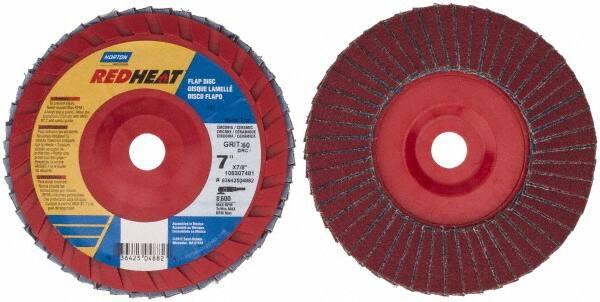 Norton - 60 Grit, 7" Disc Diam, 7/8" Center Hole, Type 27 Ceramic Flap Disc - 8,600 Max RPM, Plastic Backing, Arbor Attaching System, Coated - Exact Tooling