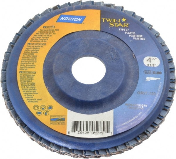 Norton - 120 Grit, 4-1/2" Disc Diam, 7/8" Center Hole, Type 27 Ceramic Flap Disc - 13,000 Max RPM, Plastic Backing, Arbor Attaching System, Coated - Exact Tooling