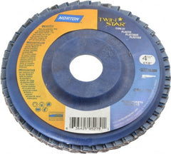 Norton - 120 Grit, 4-1/2" Disc Diam, 7/8" Center Hole, Type 27 Ceramic Flap Disc - 13,000 Max RPM, Plastic Backing, Arbor Attaching System, Coated - Exact Tooling