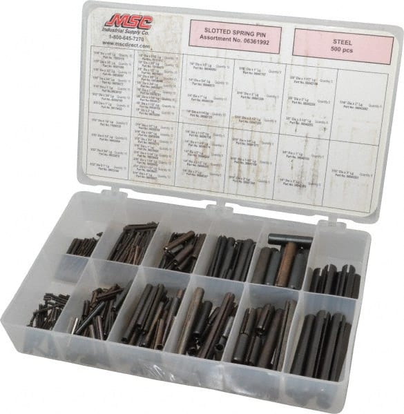 Made in USA - 500 Piece, 1/16 to 7/16" Pin Diam, Spring Pin Assortment - Steel - Exact Tooling