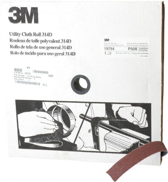 3M - 1" x 50 Yd 50 Grit Aluminum Oxide Cloth Roll - Coarse Grade, X Weighted Backing - Exact Tooling