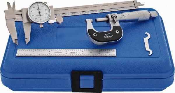 Value Collection - 3 Piece, Machinist Caliper and Micrometer Tool Kit - 0 to 1 Inch Micrometer, 0.0001 Inch Graduation - Exact Tooling