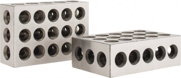 Value Collection - 0.0003 Squareness Per Inch, Hardened Steel, 1-2-3 Block with 23 Hole Setup Block - 0.0001 to 0.0007 Inch Overall Tolerance, 3/8 - 16 Inch Tapped Hole Size, 56-60 HRC Hardness, Sold As Matched Pair - Exact Tooling