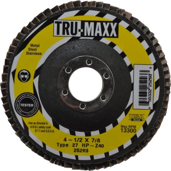 Tru-Maxx - 40 Grit, 4-1/2" Disc Diam, 7/8" Center Hole, Type 27 Zirconia Alumina Flap Disc - 13,300 Max RPM, Arbor Attaching System, Coated - Exact Tooling
