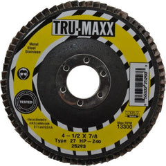 Tru-Maxx - 40 Grit, 4-1/2" Disc Diam, 7/8" Center Hole, Type 27 Zirconia Alumina Flap Disc - 13,300 Max RPM, Arbor Attaching System, Coated - Exact Tooling