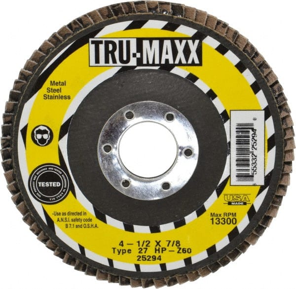Tru-Maxx - 60 Grit, 4-1/2" Disc Diam, 7/8" Center Hole, Type 27 Zirconia Alumina Flap Disc - 13,300 Max RPM, Arbor Attaching System, Coated - Exact Tooling