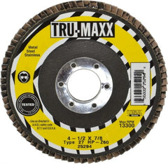 Tru-Maxx - 60 Grit, 4-1/2" Disc Diam, 7/8" Center Hole, Type 27 Zirconia Alumina Flap Disc - 13,300 Max RPM, Arbor Attaching System, Coated - Exact Tooling